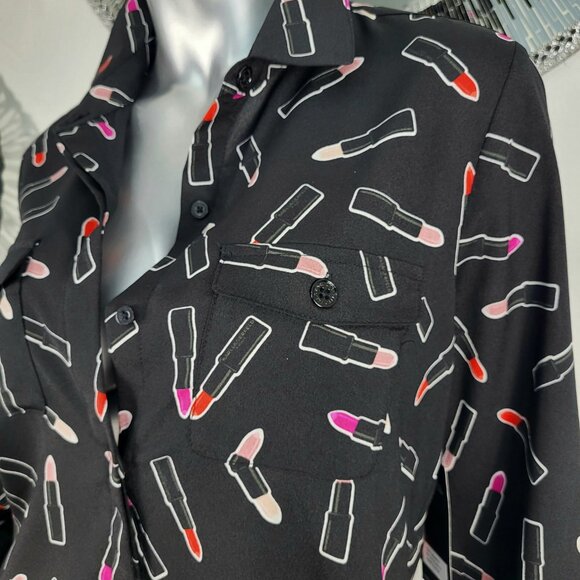 NWT~$70~KARL LAGERFELD~M~BLACK RED PINK LIPSTICK TUNIC TOP BLOUSE SHIRT - Picture 11 of 16
